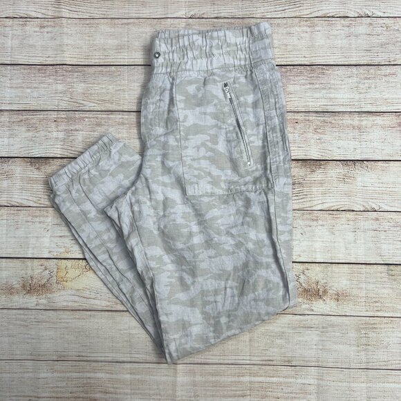 Athleta Camo Tide Linen Joggers Pants Gray Size 8 Zipper Pockets - Picture 9 of 11
